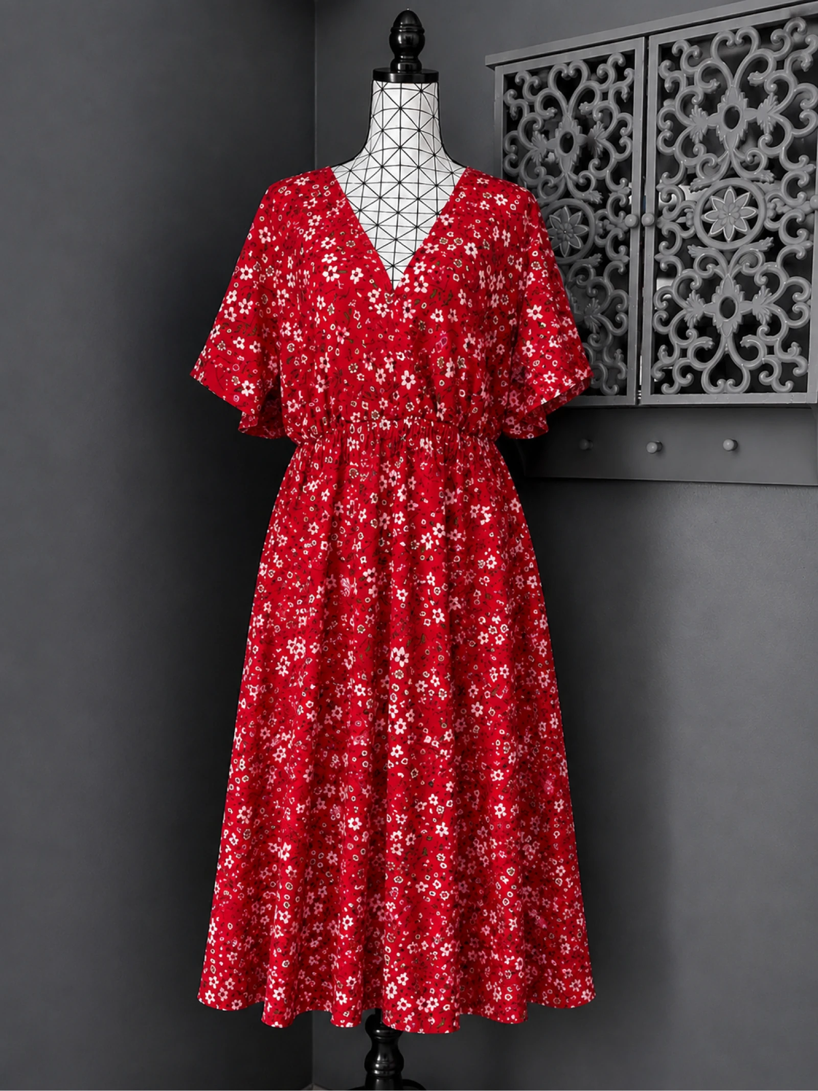 💖 robe longue rouge fleurie grande taille 54 fluide bohème manches volantées été 💖